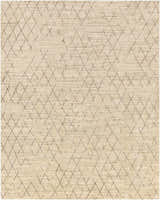 Close-up of the Bonogin Area Rug. Tan rug with a dark brown geometric diamond pattern. Hand-loomed viscose rug. Design-Rectangle-69