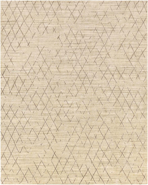 Close-up of the Bonogin Area Rug. Tan rug with a dark brown geometric diamond pattern. Hand-loomed viscose rug. Design-Rectangle-69