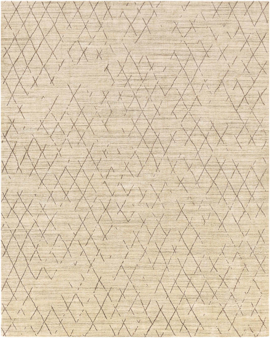 Close-up of the Bonogin Area Rug. Tan rug with a dark brown geometric diamond pattern. Hand-loomed viscose rug. Design-Rectangle-69