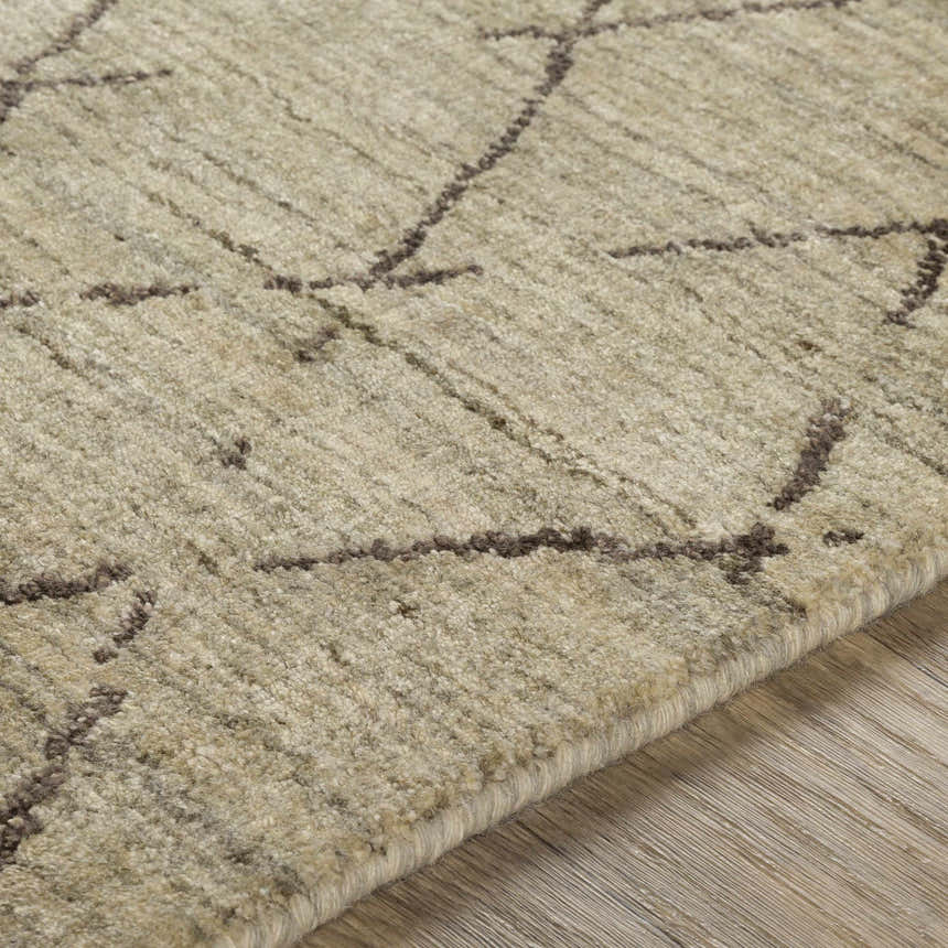 Close-up of the hand-loomed Bonogin Area Rug showing its olive and tan colors and dark brown geometric pattern. Texture