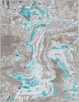 Close-up of the Bonville Blue Marble Rug, featuring a contemporary abstract design in blue, cream, beige, and gray. Design-Rectangle-71010