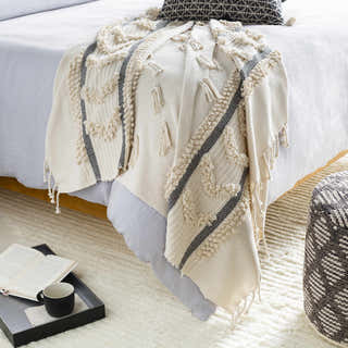 Boondall Ivory Cotton Throw Blanket with tassels