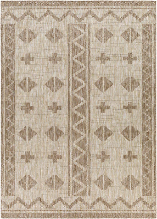 Close-up of Mangoso Beige Area Rug. Off-white rug with tan geometric diamond, cross, and zig-zag pattern. Machine woven. Design-Rectangle-537