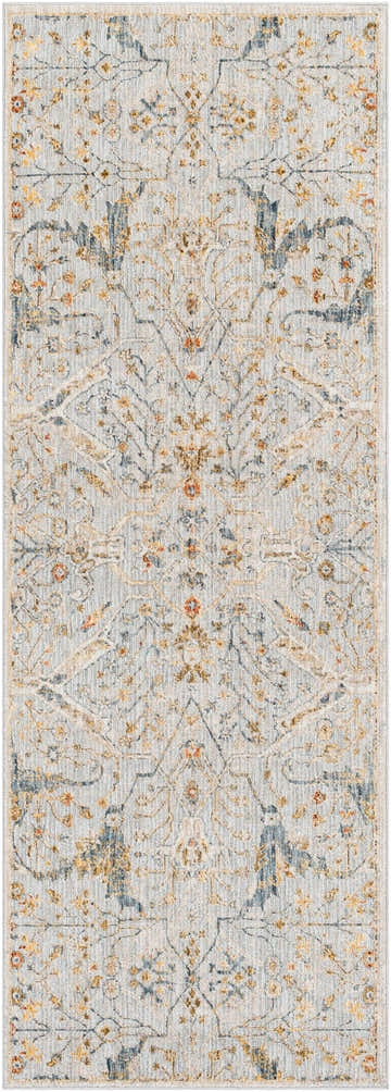 Detailed pattern of the Bornova Luxe Oushak Rug. Features brick red, cream, denim, and mustard hues. Design-Runner-2710