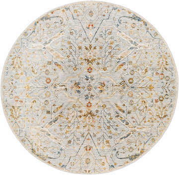 Close-up of a round Bornova Luxe Oushak Rug. Features a traditional oriental pattern in cream, denim, mustard, and brick red. Design-Round-67