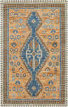 Detailed Boroondara Area Rug close-up. Hand-knotted wool rug in blue, tan, and brown with bohemian floral and geometric patterns. Design-Rectangle-576