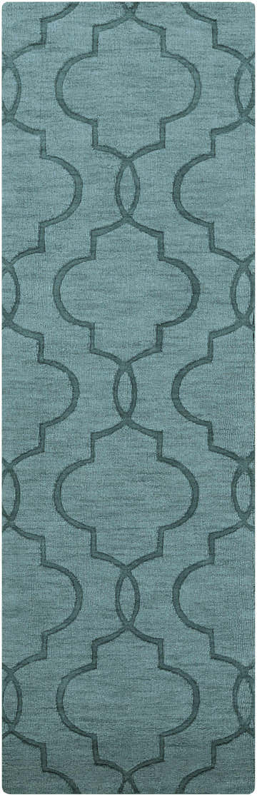 Close-up of the denim Bountiful Area Rug. Hand-loomed wool rug with a contemporary geometric pattern. Design-Runner-268