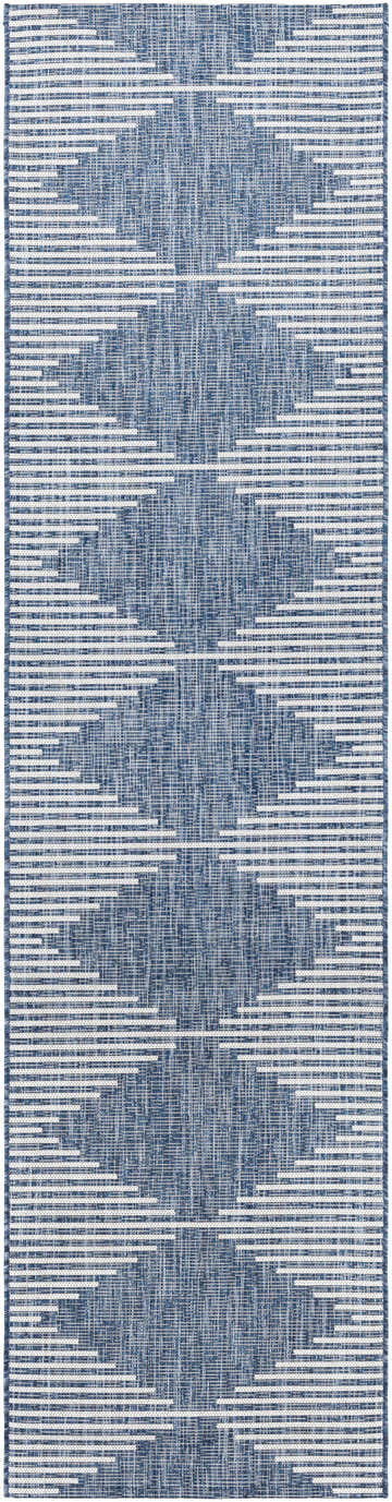 Close-up of the Stephan Navy Outdoor Rug featuring a contemporary blue and off-white geometric pattern. Design-Runner-2710