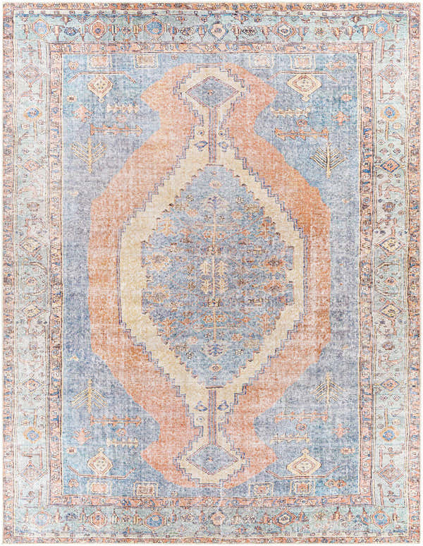 Detailed view of the Bovey Washable Area Rug, featuring a traditional Oriental pattern in aqua, blue, and coral tones. Design-Rectangle-710102