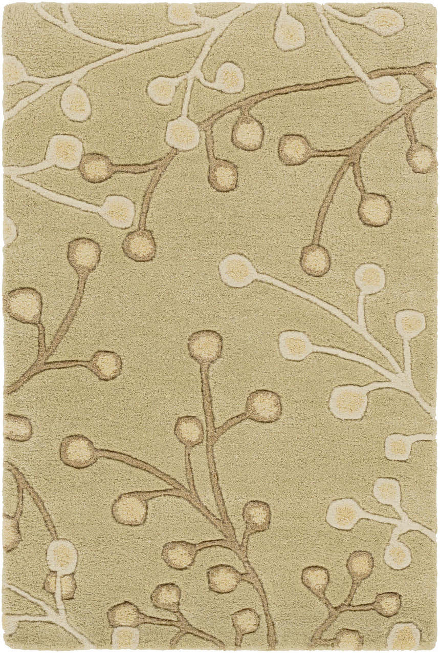 Close-up of the Olive Elsu Area Rug, featuring a floral design in olive, tan, and brown on a wool, hand-tufted texture. Design-Rectangle