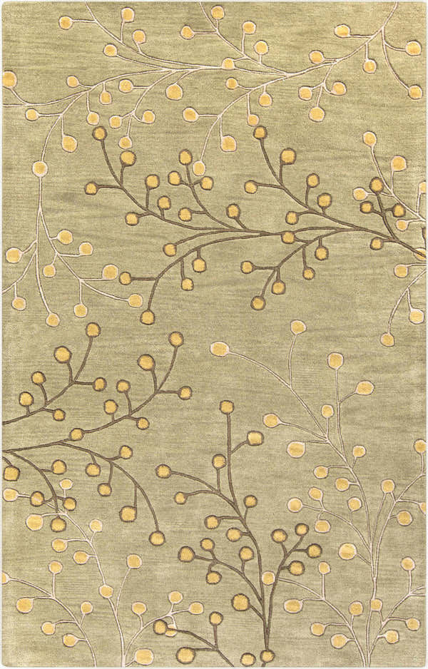 Close-up of the Olive Elsu Area Rug, featuring a floral design with olive, tan, and mustard colors. Design-Rectangle-58