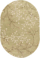 Close-up of the Olive Elsu Area Rug, an oval wool rug with a brown and tan floral branch pattern on an olive green background. Design-Oval-69
