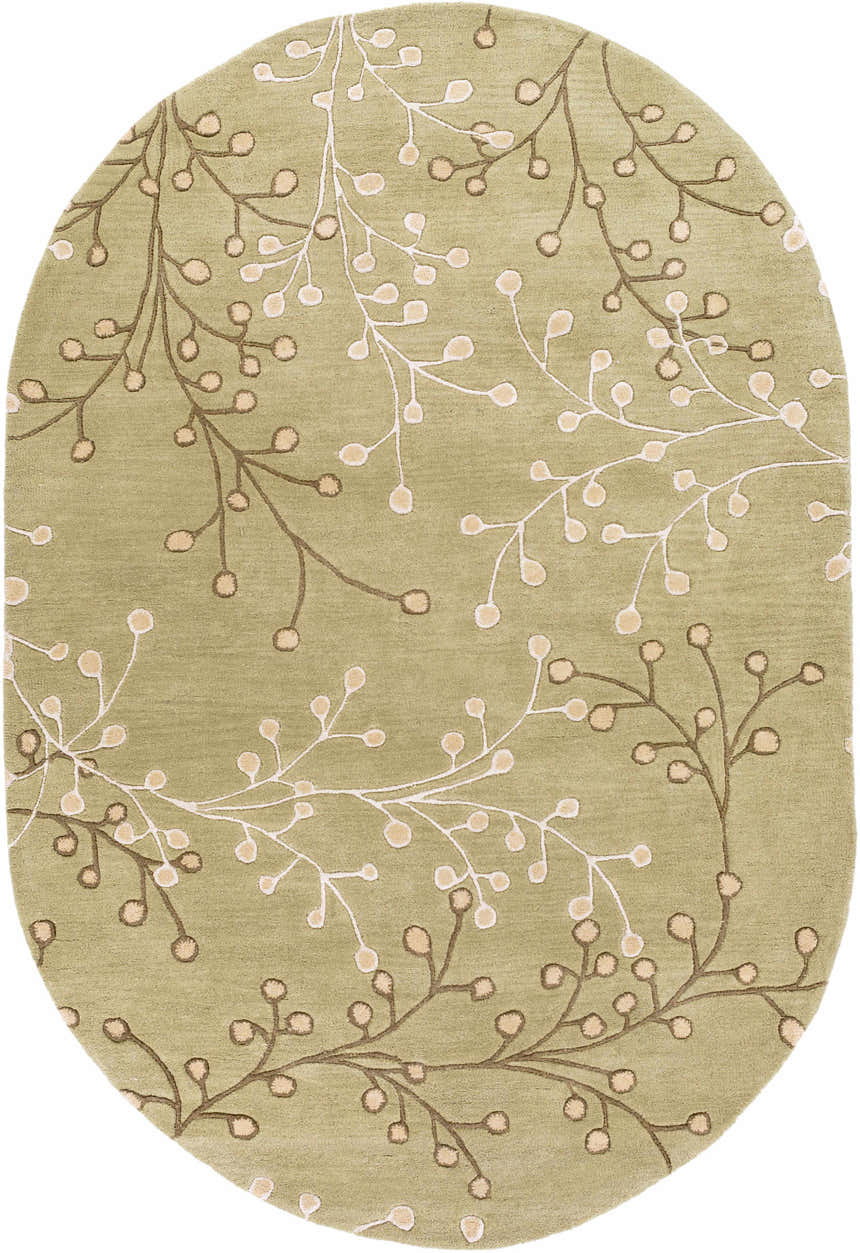 Close-up of the Olive Elsu Area Rug, an oval wool rug with a brown and tan floral branch pattern on an olive green background. Design-Oval-69