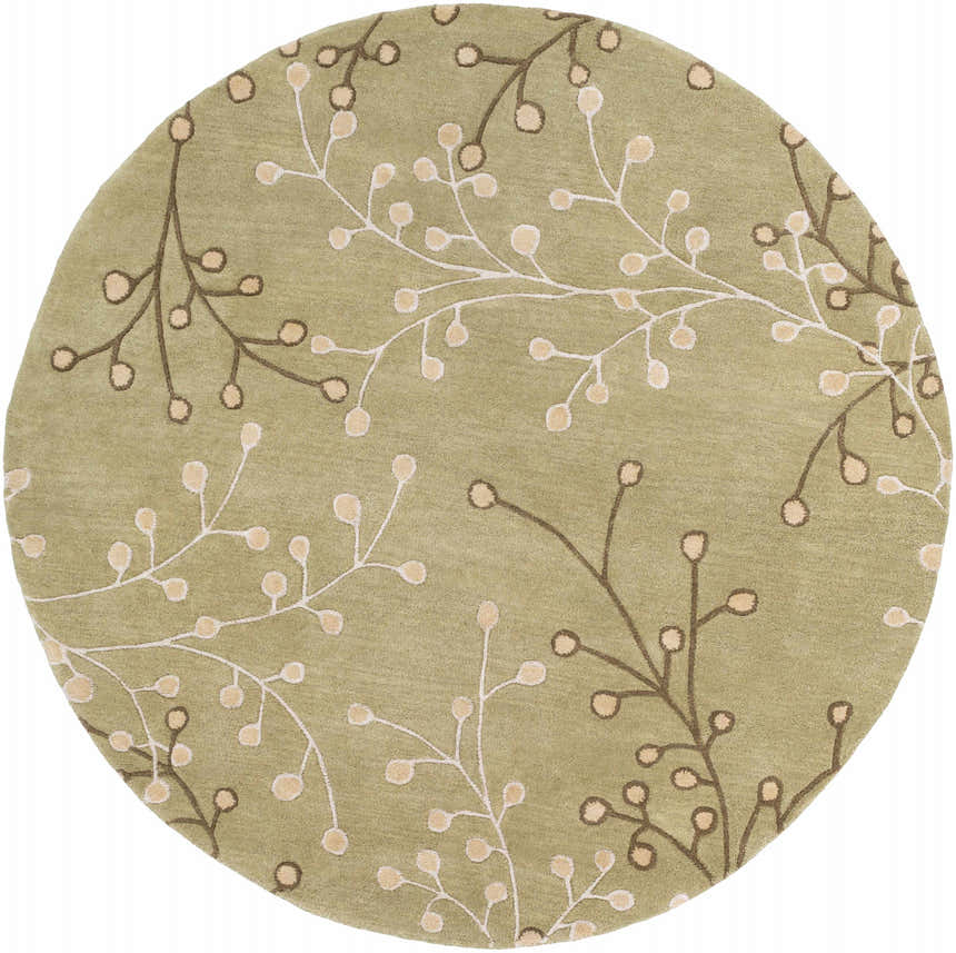 Close-up of round Olive Elsu Area Rug with olive background and tan and brown floral branch pattern. Design-Round-6
