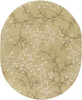 Close-up of round Olive Elsu Area Rug. Wool rug with olive, tan, and brown floral branch design. Design-Oval-810