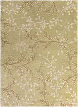 Close-up of the Olive Elsu Area Rug featuring a floral branch pattern in olive, tan, brown, and white. Design-Rectangle-811