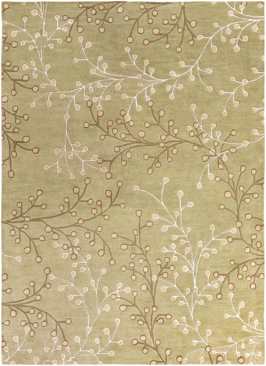 Close-up of the Olive Elsu Area Rug featuring a floral branch pattern in olive, tan, brown, and white. Design-Rectangle-811