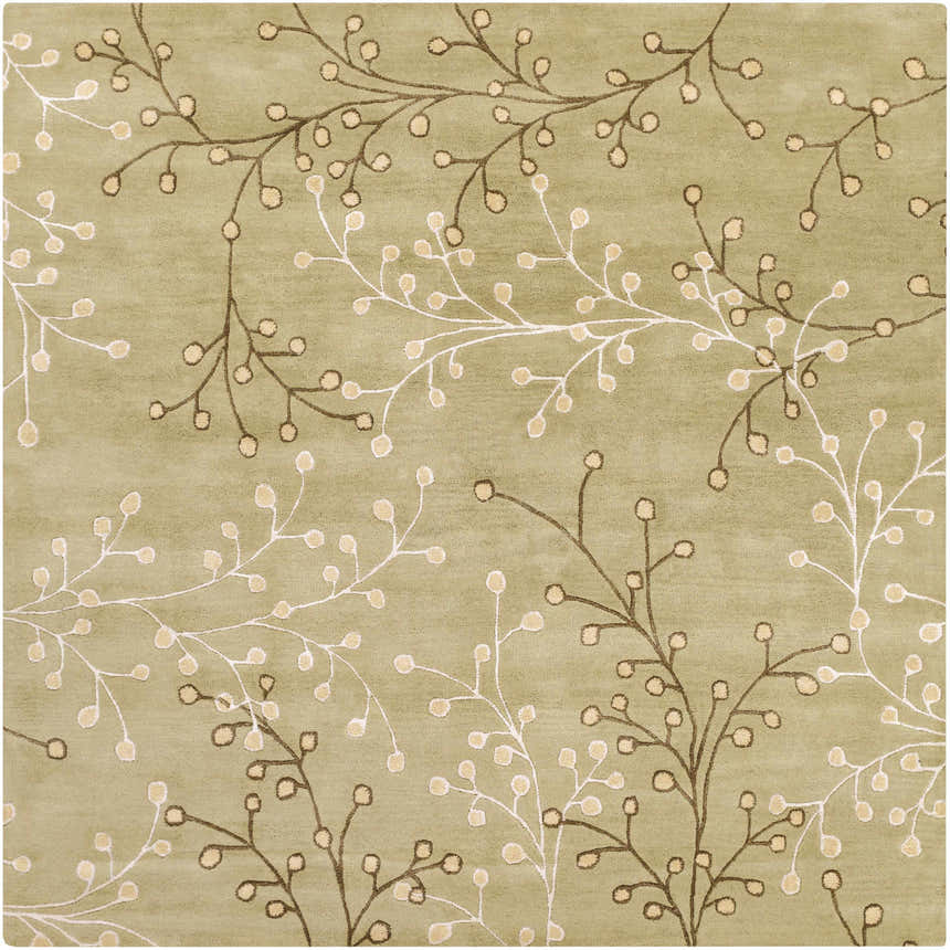 Close-up of the Olive Elsu Area Rug. Hand-tufted wool rug with a floral design in olive, brown, tan, and mustard. Design-Square-8