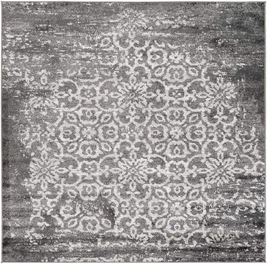 Close-up of the Bowden Carpet - Clearance. Charcoal, light gray, and white traditional floral pattern. Boutique Rugs. Design-Square-67