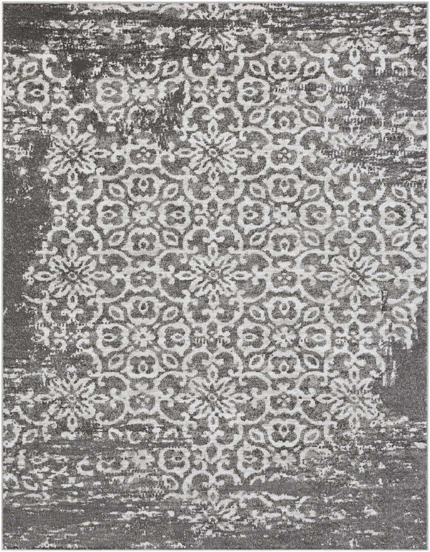 Close-up of Bowden Carpet - Clearance. Charcoal, light gray, and white farmhouse style rug with a traditional floral pattern. Design-Rectangle-710103