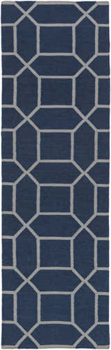 Close-up of the Bowdon Area Rug. Navy rug with a white geometric pattern. Hand woven texture. Design-Runner-268