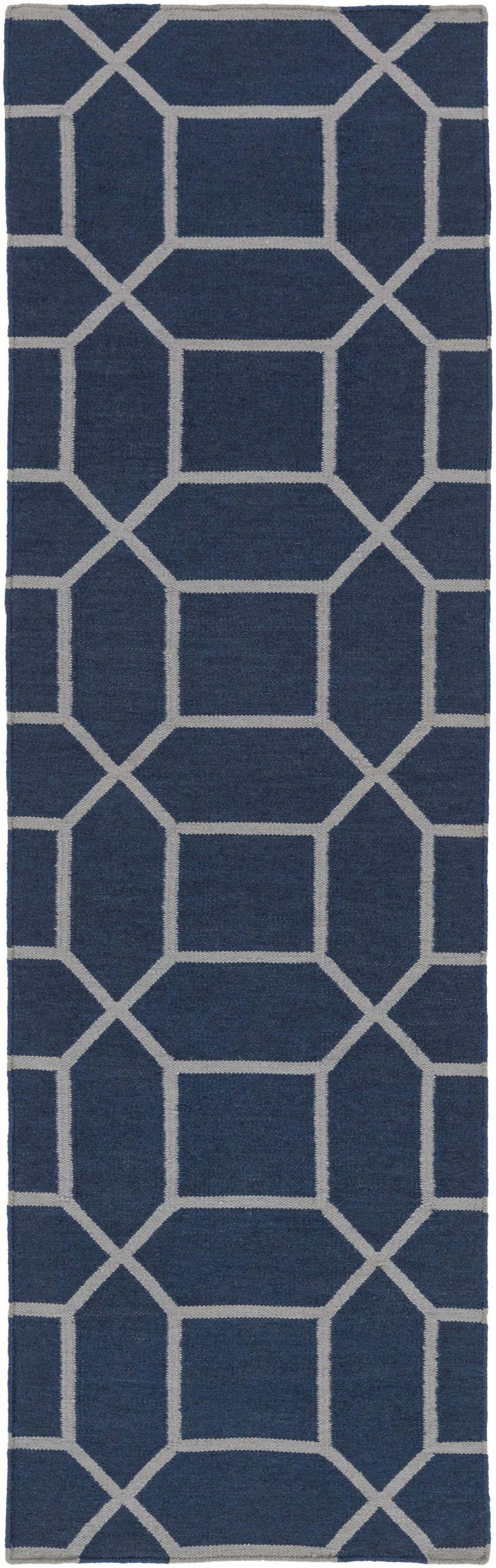 Close-up of the Bowdon Area Rug. Navy rug with a white geometric pattern. Hand woven texture. Design-Runner-268