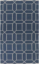 Close-up of the Bowdon Area Rug. Navy rug with a white geometric square and diamond pattern. Hand woven texture. Design-Rectangle-58