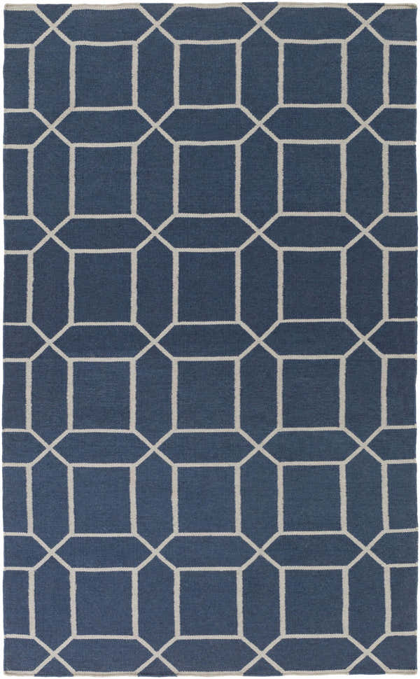 Close-up of the Bowdon Area Rug. Navy rug with a white geometric square and diamond pattern. Hand woven texture. Design-Rectangle-58
