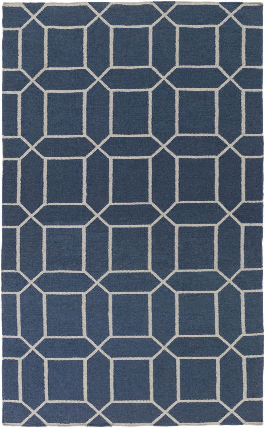Close-up of the Bowdon Area Rug. Navy rug with a white geometric square and diamond pattern. Hand woven texture. Design-Rectangle-58