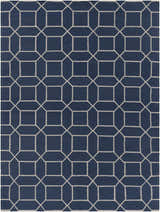 Close-up of the Bowdon Area Rug. Navy rug with a geometric white trellis pattern. Contemporary style. Design-Rectangle-811