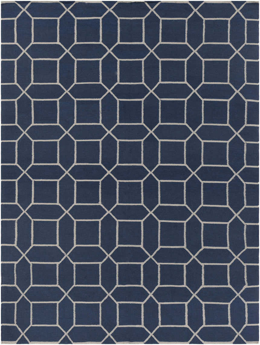 Close-up of the Bowdon Area Rug. Navy rug with a geometric white trellis pattern. Contemporary style. Design-Rectangle-811