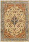 Bowlus Area Rug: Hand-knotted wool rug with aqua, brick red, brown, and ivory colors in a traditional oriental pattern. Design-Rectangle-69