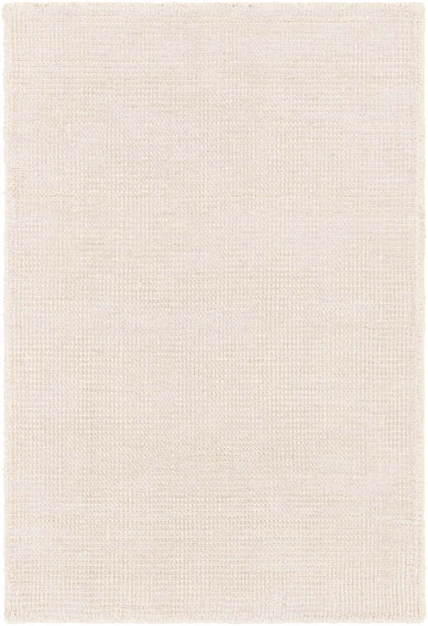 Close-up of the Bowstring Carpet. Hand-loomed with a subtle textured pattern in cream and taupe viscose. Design-Rectangle-23