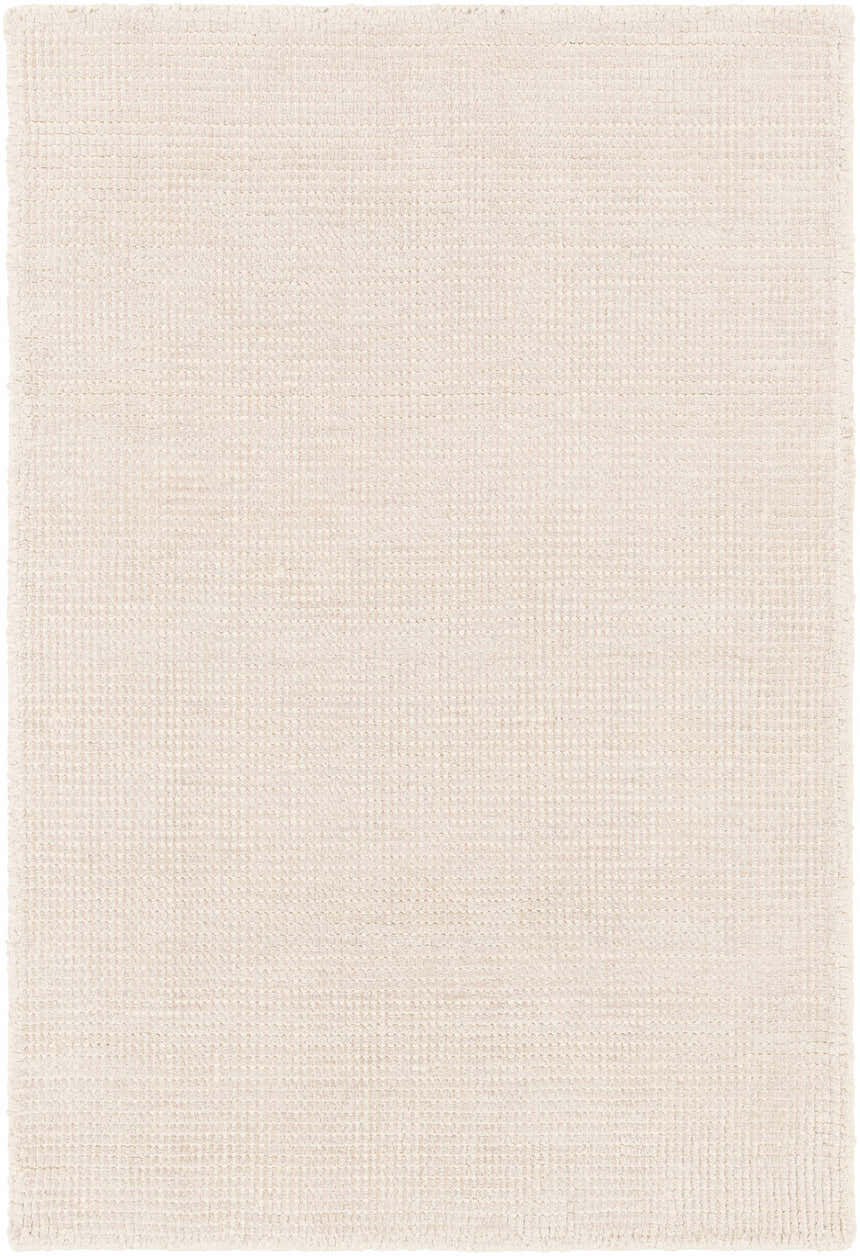 Close-up of the Bowstring Carpet. Hand-loomed with a subtle textured pattern in cream and taupe viscose. Design-Rectangle-23