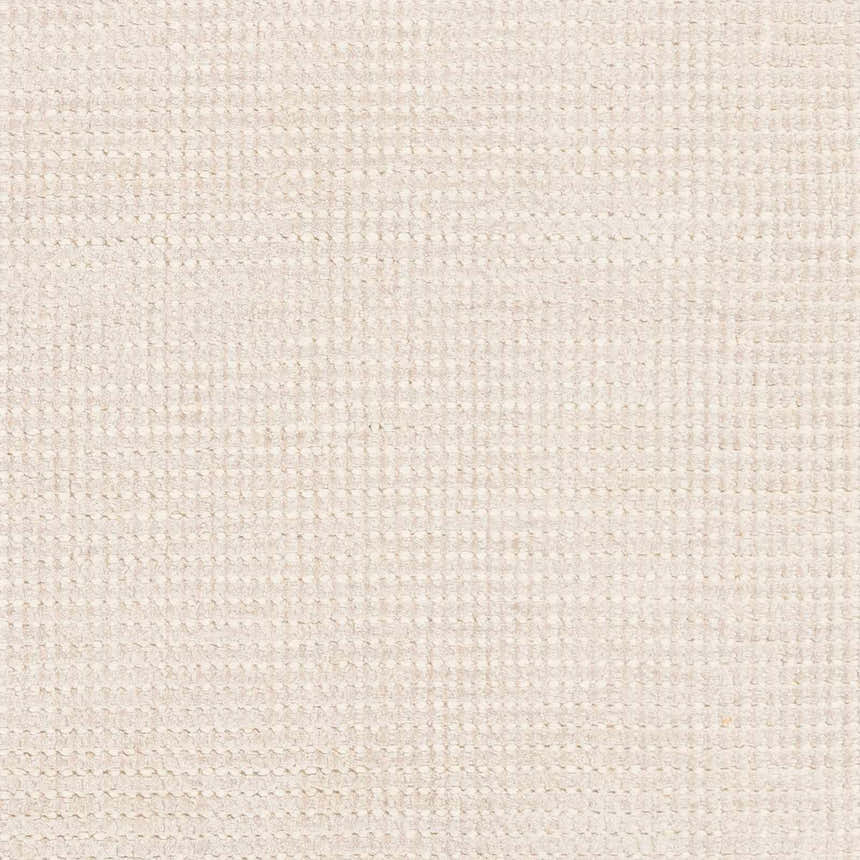 Close-up of the Bowstring Carpet. Cream and taupe hand-loomed viscose rug with a subtle textured weave pattern. Swatch
