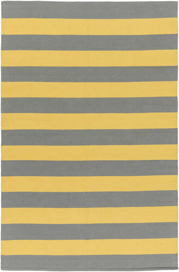 Close-up of the hand-woven Boyceville Area Rug. Gray and mustard yellow horizontal stripes create a modern farmhouse design. Design-Rectangle-576