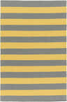 Close-up of the hand-woven Boyceville Area Rug. Gray and mustard yellow horizontal stripes create a modern farmhouse design. Design-Rectangle-576