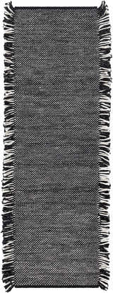Close-up of the hand woven Boyden Black Area Rug with Tassels, showing its black, cream, and gray contemporary design. Design-Runner-268