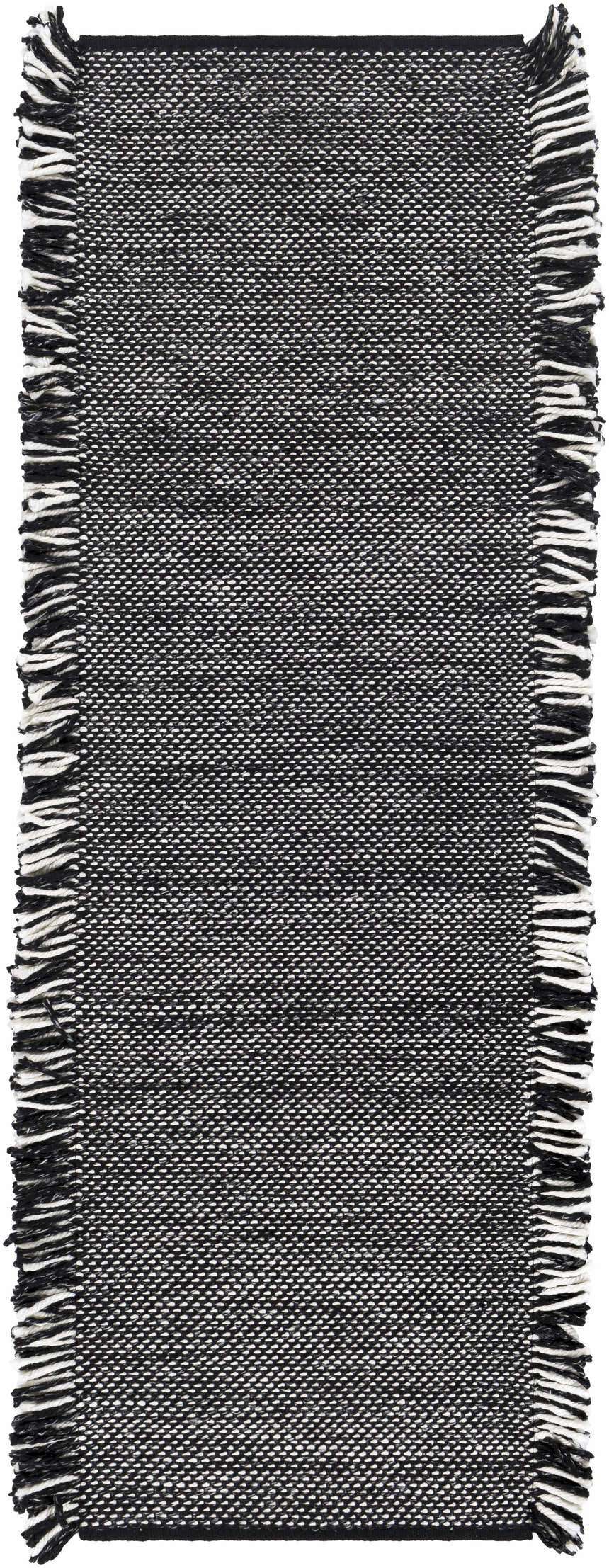 Close-up of the hand woven Boyden Black Area Rug with Tassels, showing its black, cream, and gray contemporary design. Design-Runner-268