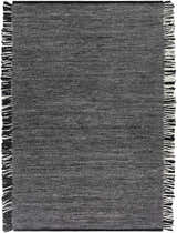 Close-up of the Boyden Black Area Rug with Tassels, featuring a textured black and cream weave and fringe detail. Design-Rectangle-576