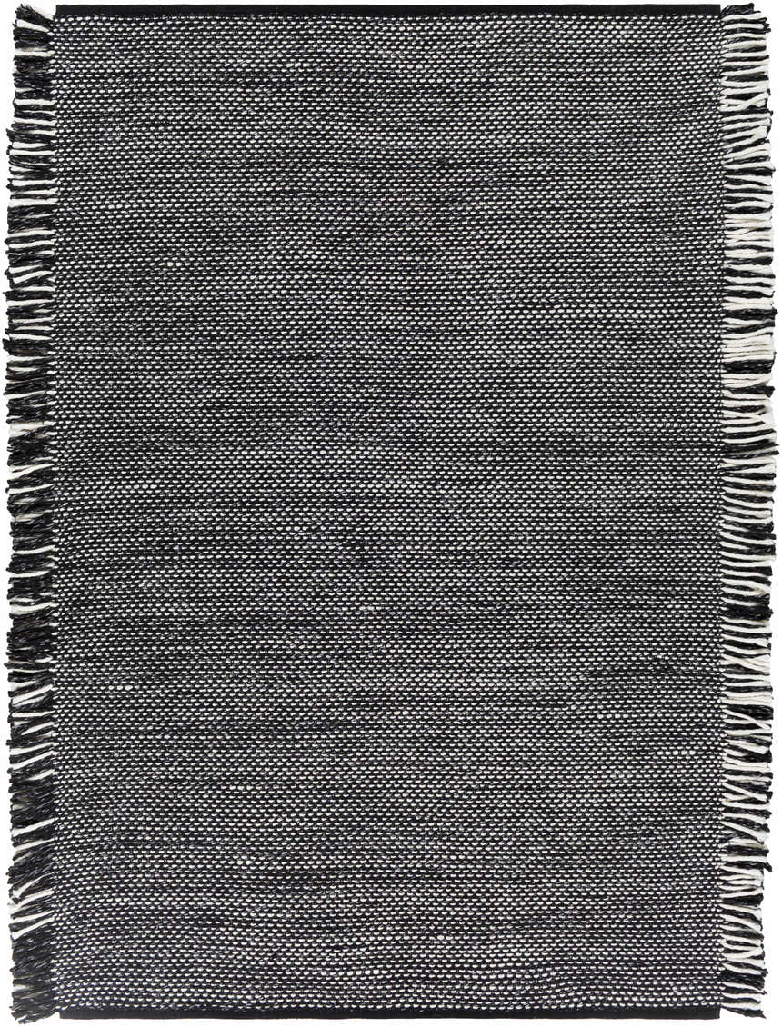 Close-up of the Boyden Black Area Rug with Tassels, featuring a textured black and cream weave and fringe detail. Design-Rectangle-576