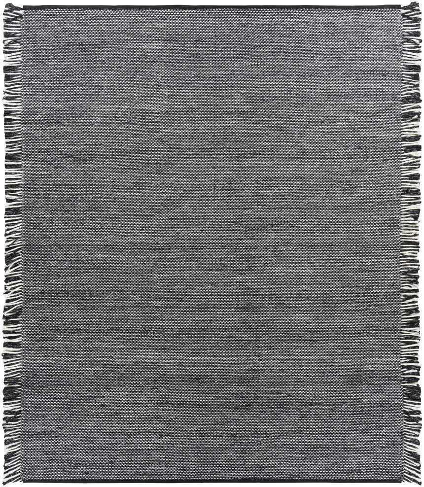 Close-up of the Boyden Black Area Rug with Tassels. Hand-woven rug in black and cream with a textured, contemporary design. Design-Rectangle-810