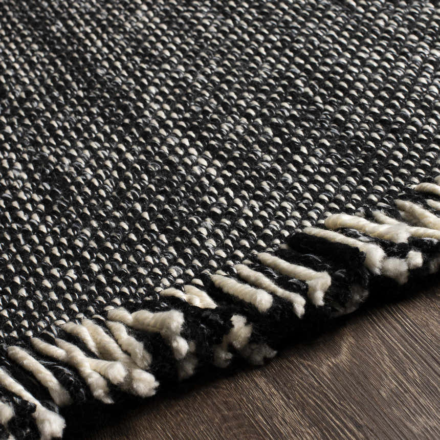 Close-up of the textured Boyden Black Area Rug with Tassels, showing the black and cream woven design. Texture