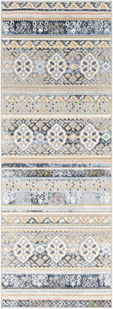 Close-up of the Boyko Washable Area Rug. Features a farmhouse style pattern in charcoal, beige, gray, and brown tones. Design-Runner-2773