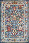 Close-up of the Neola Navy Blue Damask Area Rug. Features a traditional floral pattern in navy, red, yellow, and white. Design-Rectangle-5174