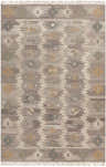 Close-up of the hand woven Brady Beige Wool Carpet. Features a geometric pattern in beige, brown, sage, and tan. Design-Rectangle-58