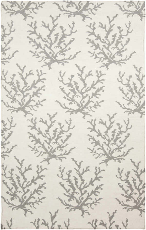 Close-up of the Braidwood Area Carpet. Ivory rug with a light slate coral branch pattern. Hand woven, 100% wool. Design-Rectangle-58
