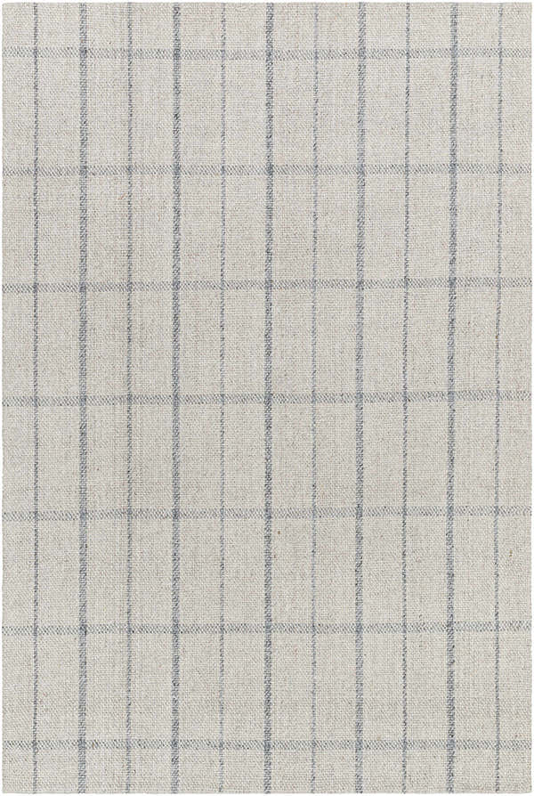 Close-up of the hand-woven Brava Area Rug showing its gray plaid pattern and wool-viscose texture. Design-Rectangle-575