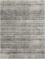 Close-up of the Braxton Carved Statement Area Rug, featuring a horizontal stripe pattern in ivory, gray, and charcoal tones. Design-Rectangle-710103
