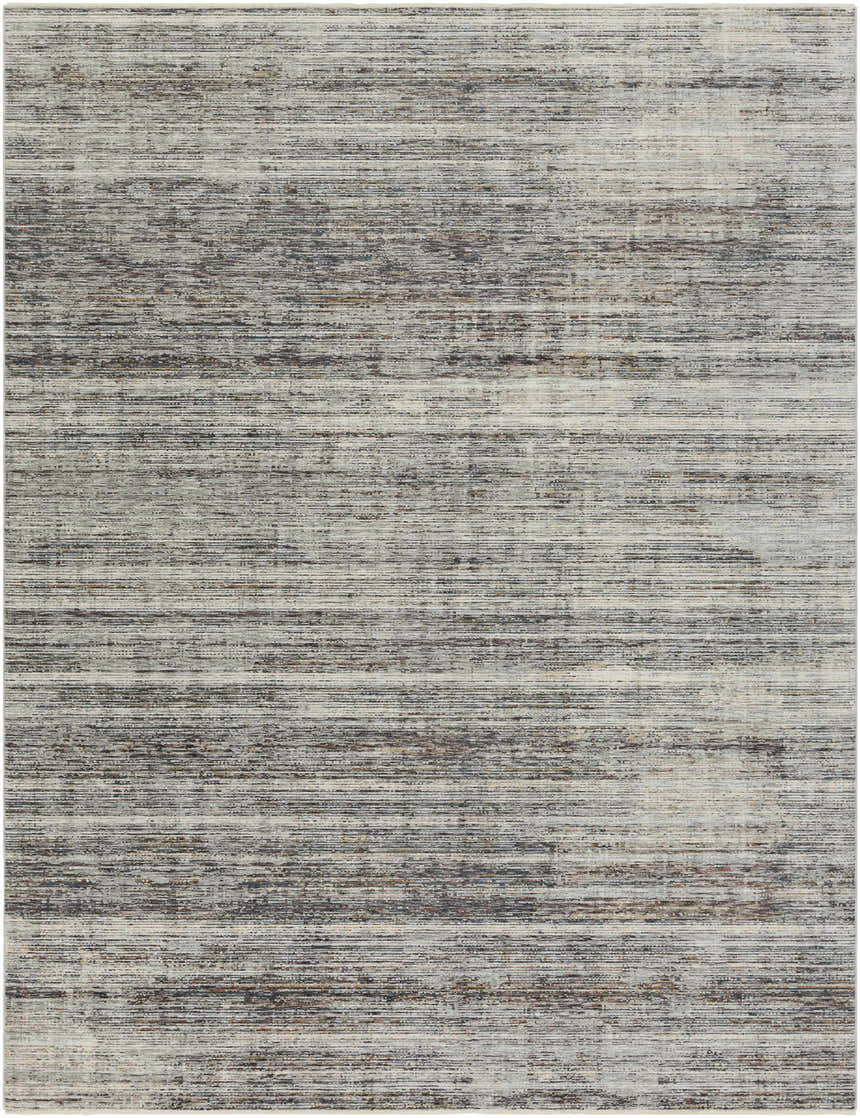 Close-up of the Braxton Carved Statement Area Rug, featuring a horizontal stripe pattern in ivory, gray, and charcoal tones. Design-Rectangle-710103